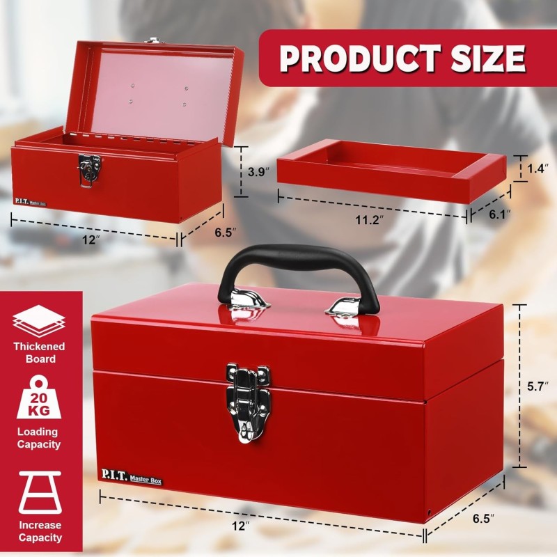 (GG-TB) P.I.T Portable Removable Tray Heavy Steel Tool Box with Metal Latch Closure [Alloy Steel-RD]